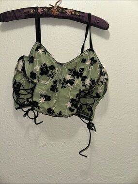 ROMWE Green Floral Lace-Up Bustier Crop Top
